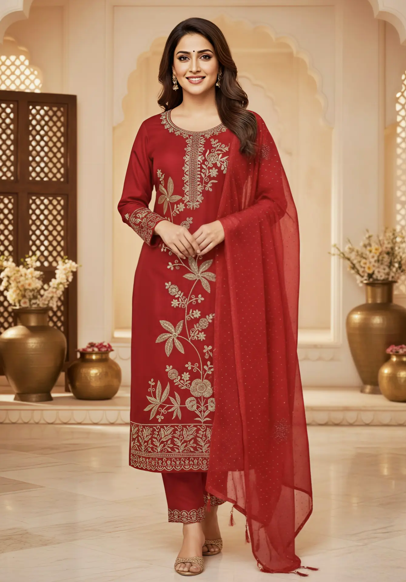 Premium Floral Embroidery Suit Set in Ruby Red