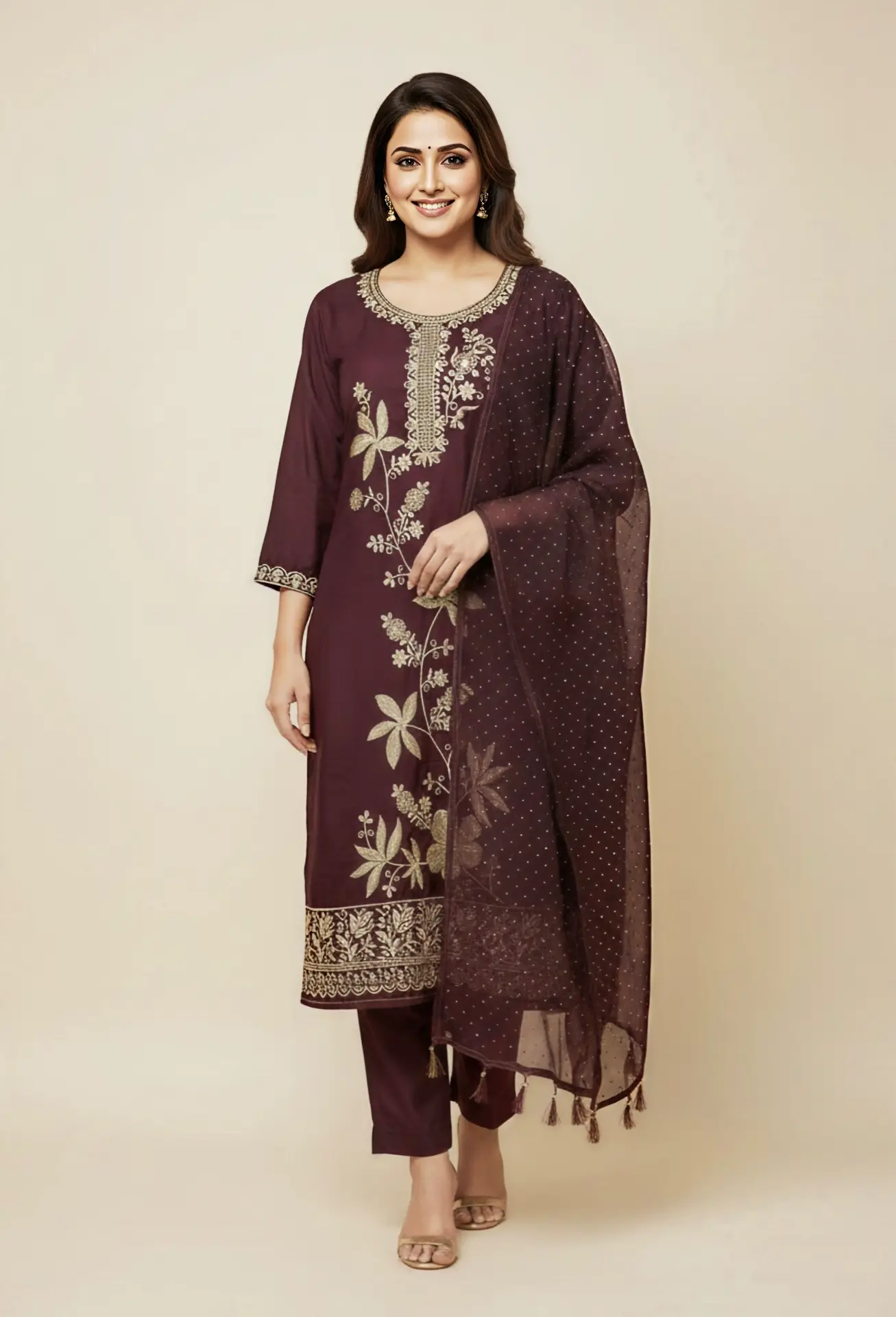 Premium Floral Embroidery Suit Set Wine