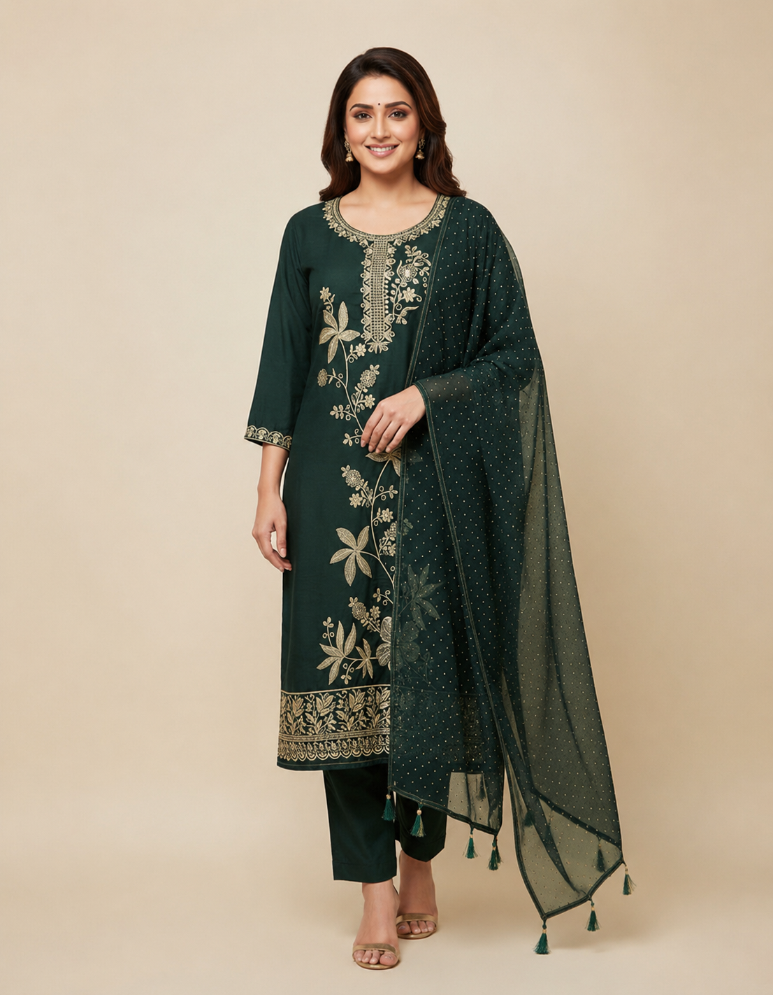 Premium Floral Embroidery Suit Set Bottle Green