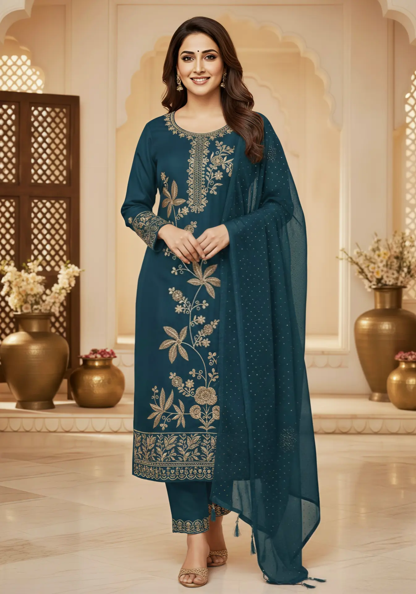 Premium Floral Embroidery Suit Set Teal Blue