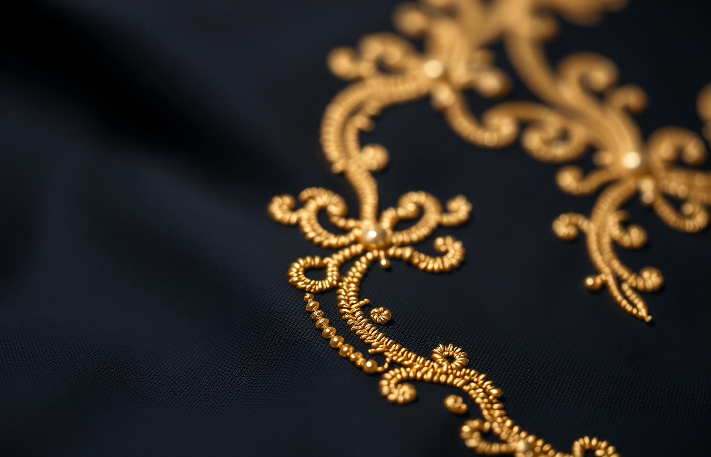 Close-up of gold zari embroidery on dark silk